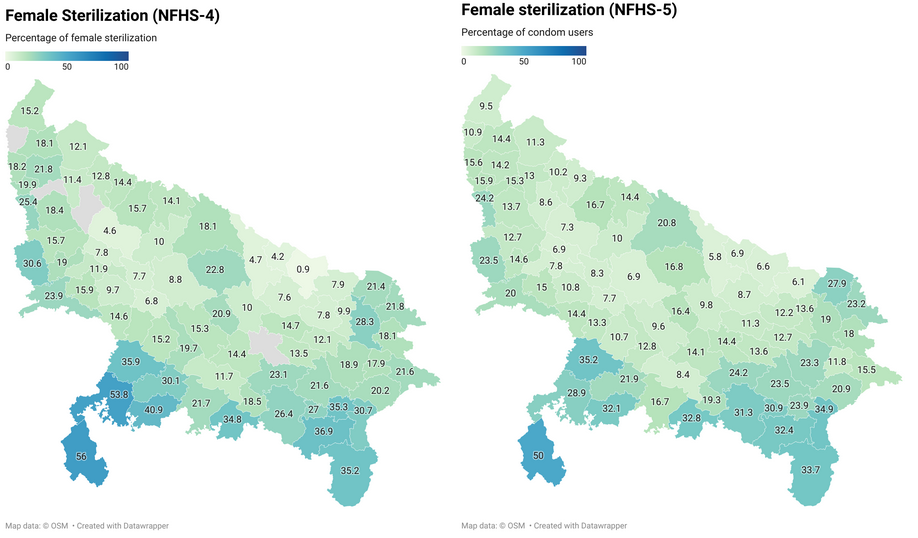 Map of female sterilization distribution in Uttar Pradesh